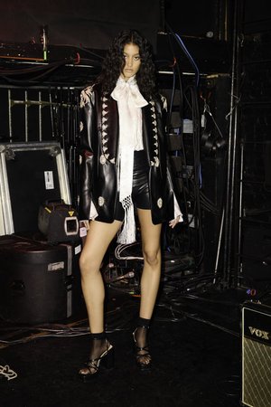 LILY CABOCHON MEDALLION VEGAN LEATHER JACKET & SILK JACQUARD TOP