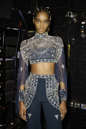 SCALLOP ARMOR NIGHT BLUE TOP AND PANT SET