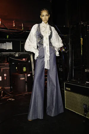 RAZE DEUX WASHED VELVET VEST AND DENIM TROUSER WITH SILK JACQUARD TOP AND SCARF