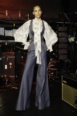 RAZE DEUX WASHED VELVET VEST AND DENIM TROUSER WITH SILK JACQUARD TOP AND SCARF