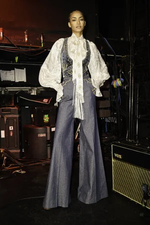 RAZE DEUX WASHED VELVET VEST AND DENIM TROUSER WITH SILK JACQUARD TOP AND SCARF