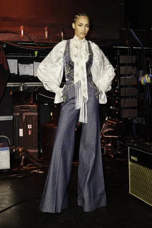 RAZE DEUX WASHED VELVET VEST AND DENIM TROUSER WITH SILK JACQUARD TOP AND SCARF