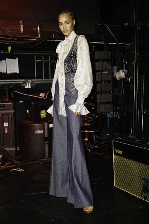RAZE DEUX WASHED VELVET VEST AND DENIM TROUSER WITH SILK JACQUARD TOP AND SCARF