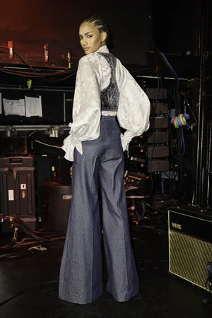 RAZE DEUX WASHED VELVET VEST AND DENIM TROUSER WITH SILK JACQUARD TOP AND SCARF