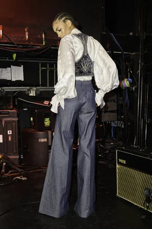 RAZE DEUX WASHED VELVET VEST AND DENIM TROUSER WITH SILK JACQUARD TOP AND SCARF