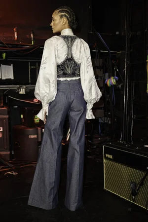 RAZE DEUX WASHED VELVET VEST AND DENIM TROUSER WITH SILK JACQUARD TOP AND SCARF