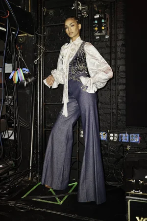 RAZE DEUX WASHED VELVET VEST AND DENIM TROUSER WITH SILK JACQUARD TOP AND SCARF
