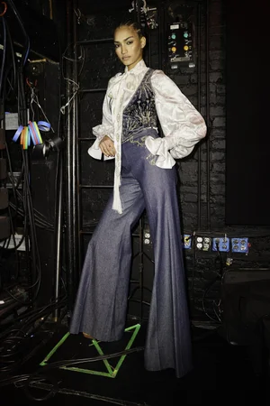 RAZE DEUX WASHED VELVET VEST AND DENIM TROUSER WITH SILK JACQUARD TOP AND SCARF