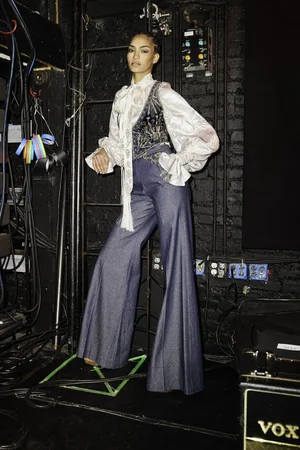 RAZE DEUX WASHED VELVET VEST AND DENIM TROUSER WITH SILK JACQUARD TOP AND SCARF