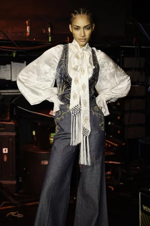 RAZE DEUX WASHED VELVET VEST AND DENIM TROUSER WITH SILK JACQUARD TOP AND SCARF