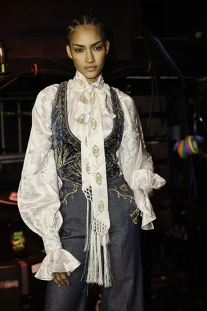 RAZE DEUX WASHED VELVET VEST AND DENIM TROUSER WITH SILK JACQUARD TOP AND SCARF