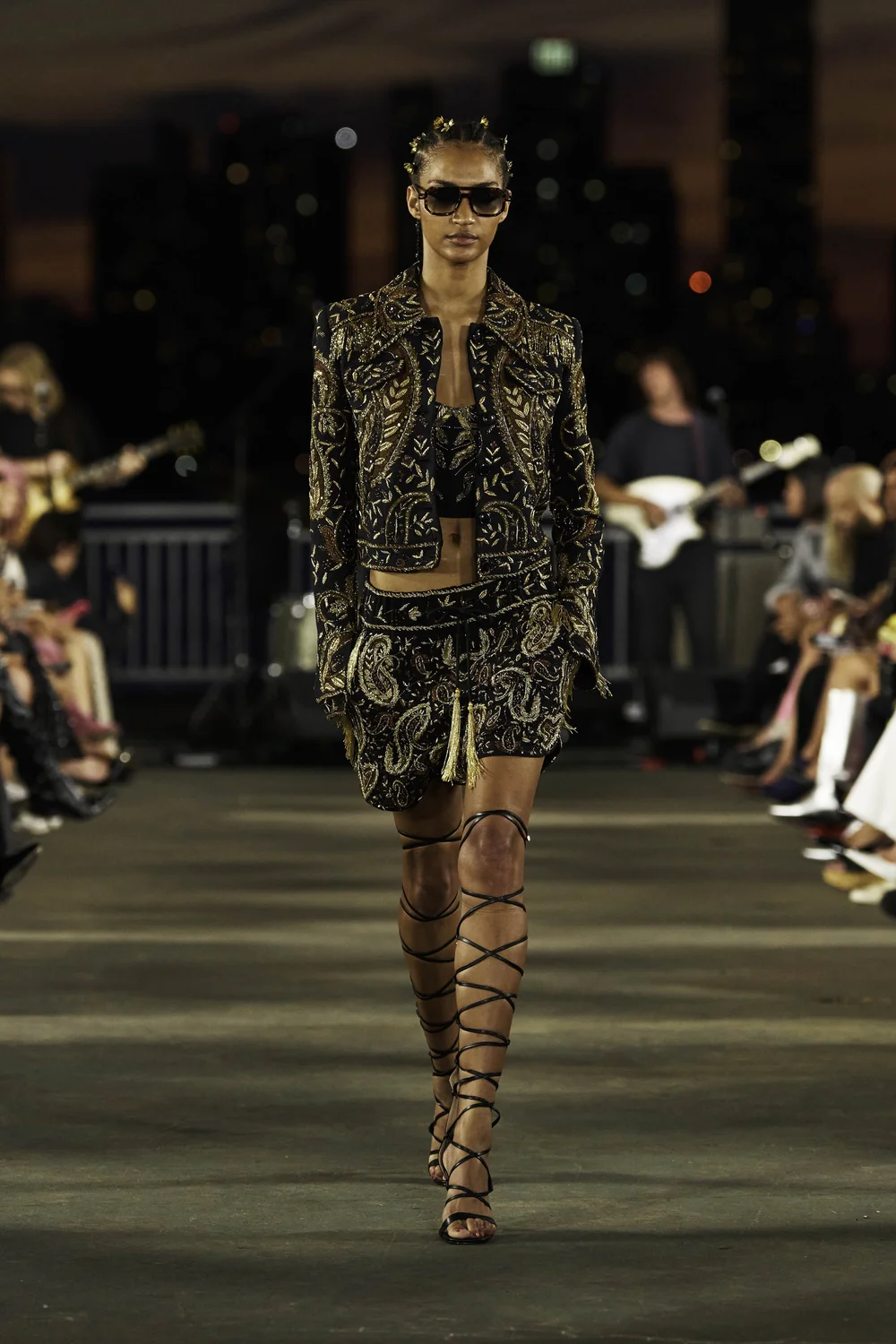 METAL PAISLEY EAST-WEST JACKET, SUN RADIEUX TOP, AND SHORTS