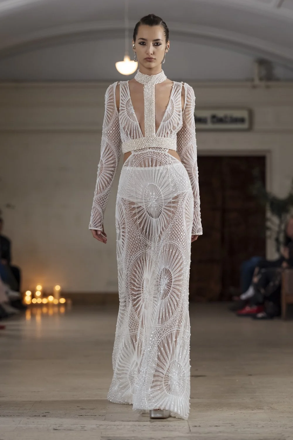 DENTELLE DEUX BLANCHE DRESS AND ASYMMETRIC PEARL HALTER