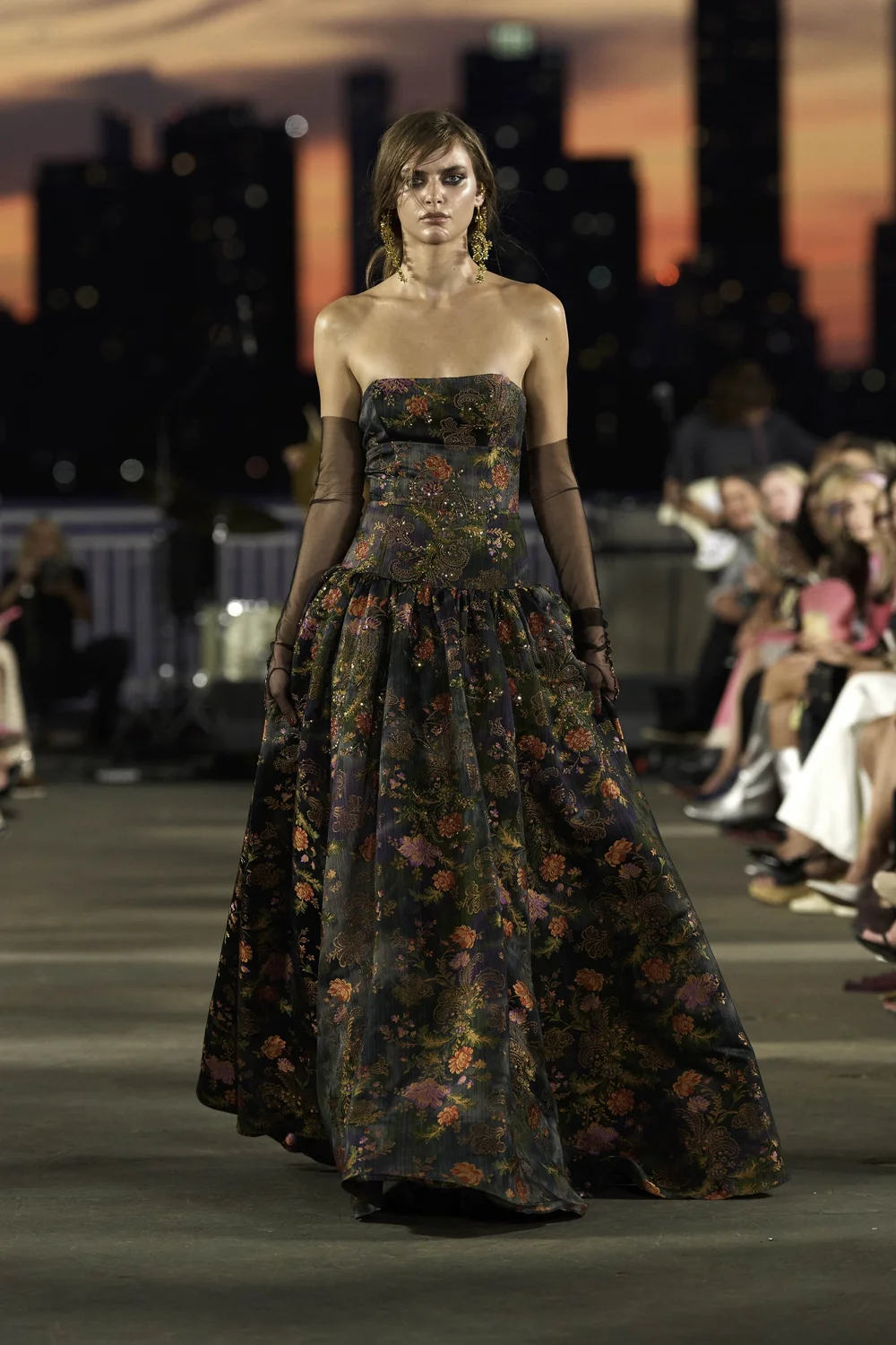 MULTI-FLORAL JACQUARD STRAPLESS DRESS