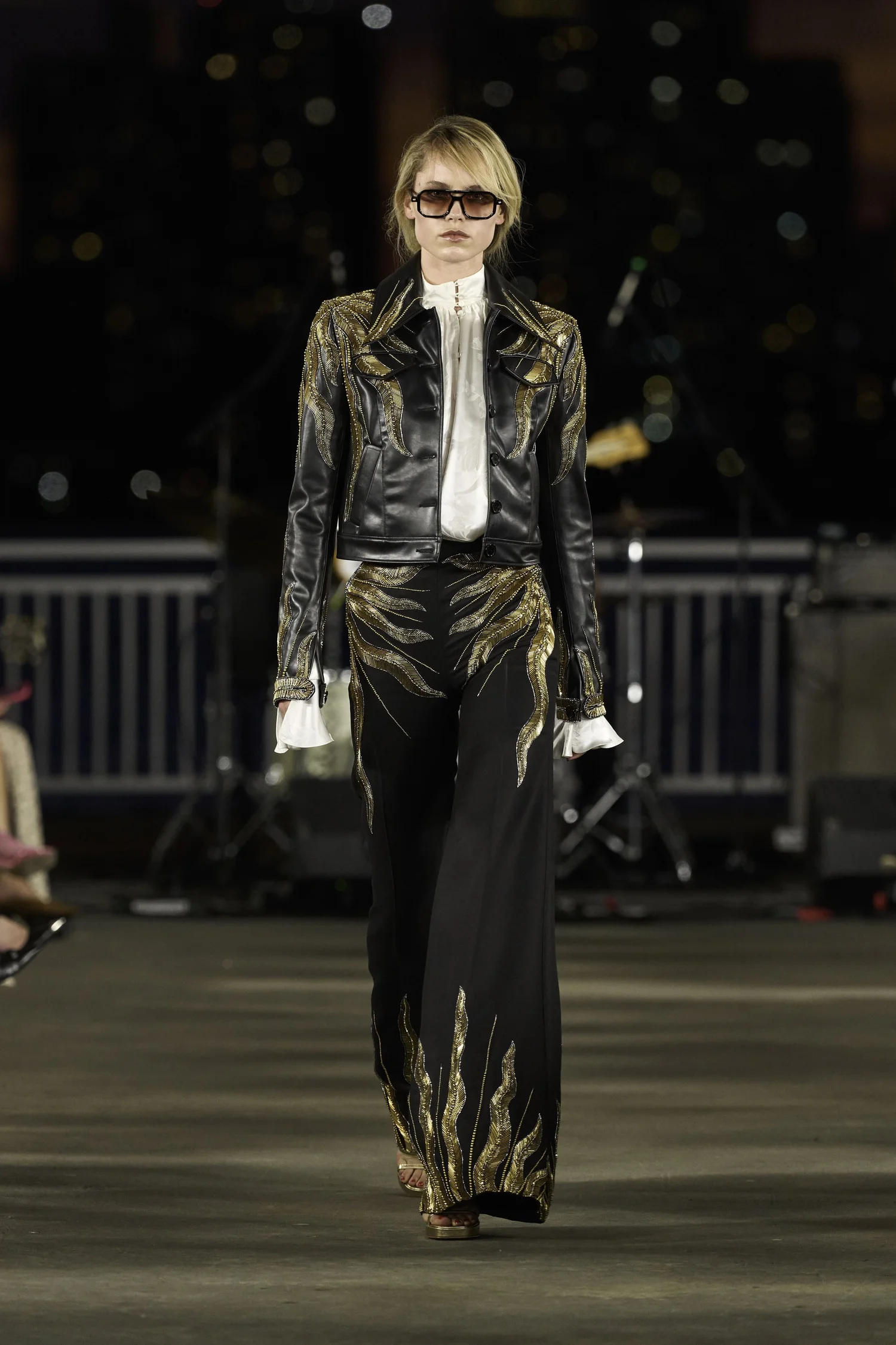 SUN RADIEUX VEGAN LEATHER EAST-WEST JACKET, TOP, AND TROUSER
