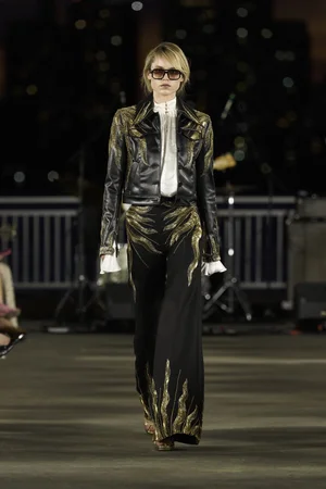 SUN RADIEUX VEGAN LEATHER EAST-WEST JACKET, TOP, AND TROUSER