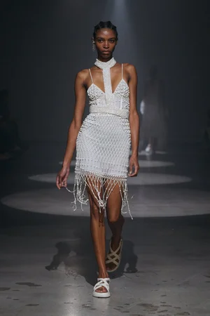 ASYMMETRIC PEARLS GEO FRINGE DRESS