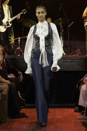RAZE DEUX WASHED VELVET VEST AND DENIM TROUSER WITH SILK JACQUARD TOP AND SCARF