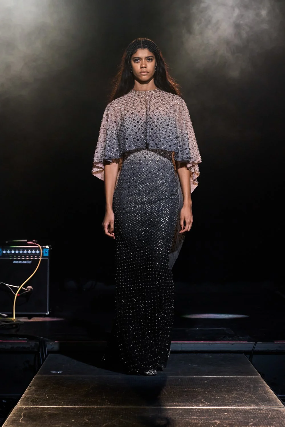 DEGRADÉ FLORAL GRID DRESS AND CAPE