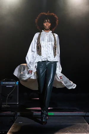 MEMENTO FIORI VEST, CAPED TOP, AND VEGAN LEATHER TROUSER
