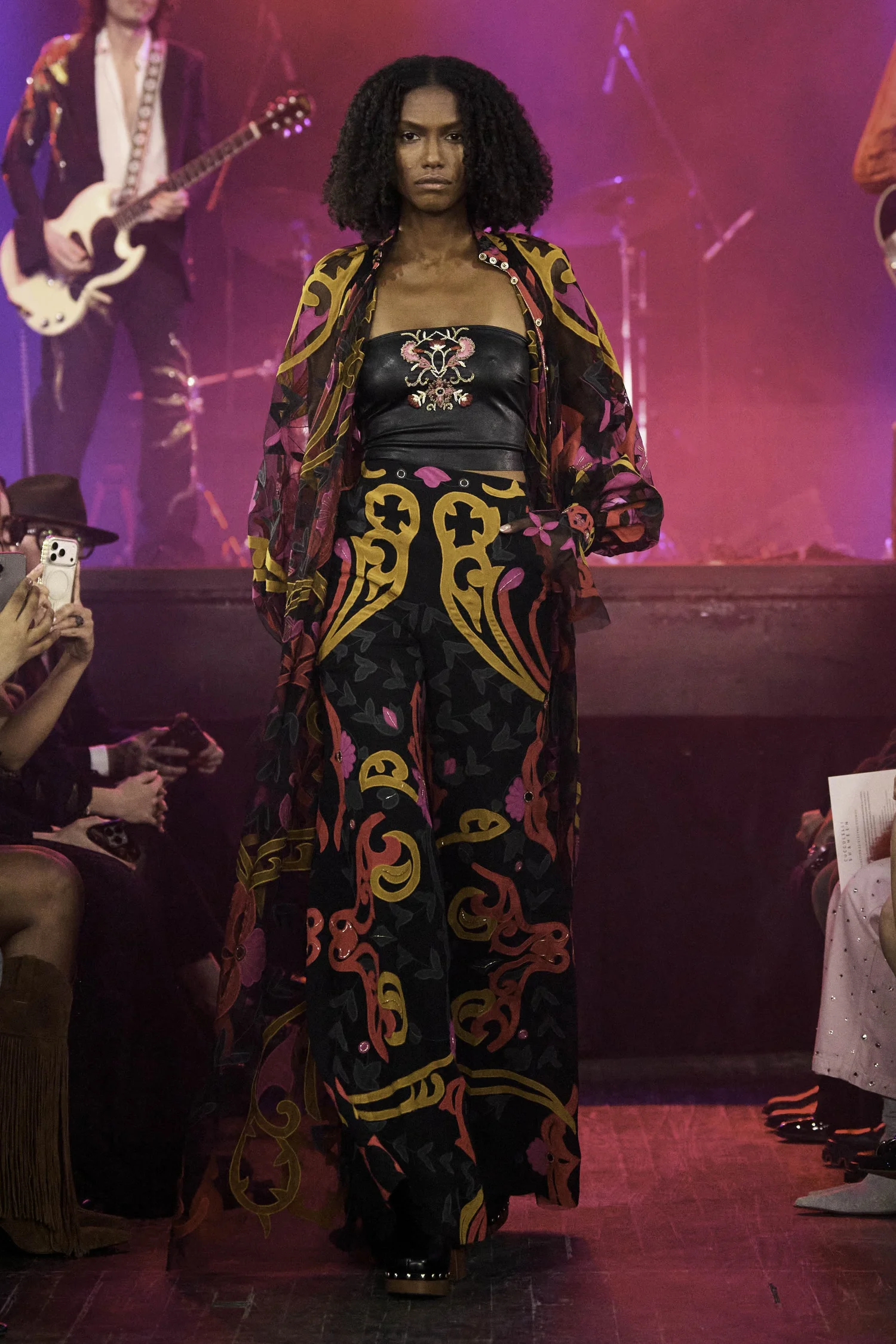 NOUVEAU ART DECO CAFTAN, TROUSER, AND VEGAN LEATHER TOP