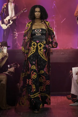 NOUVEAU ART DECO CAFTAN, TROUSER, AND VEGAN LEATHER TOP