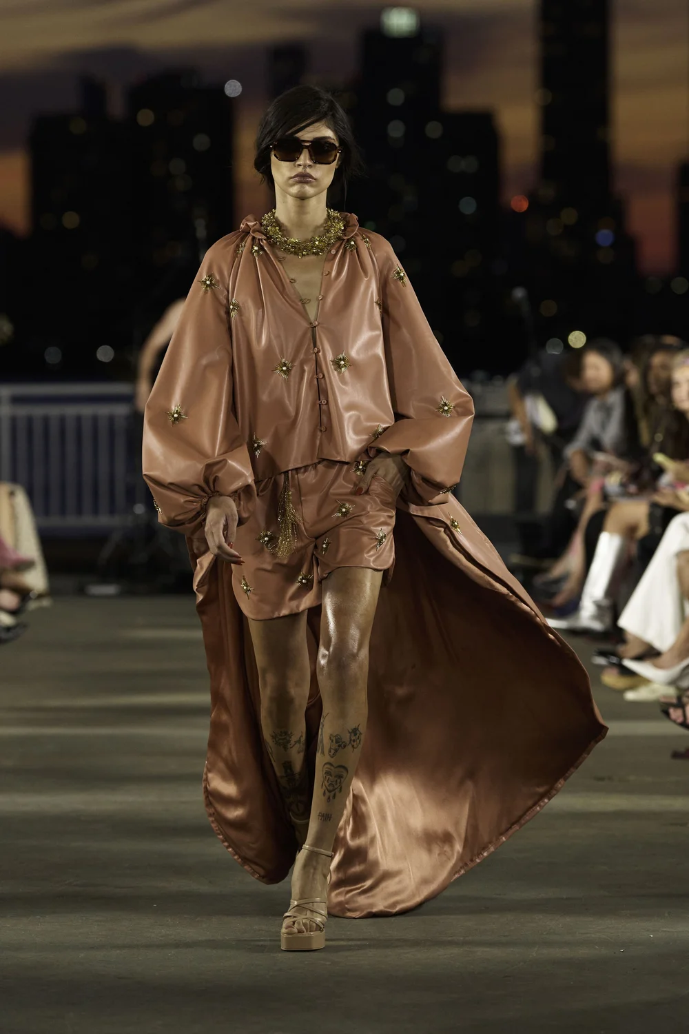 TERRACOTTA VEGAN LEATHER CAFTAN CAPED TOP AND SHORTS