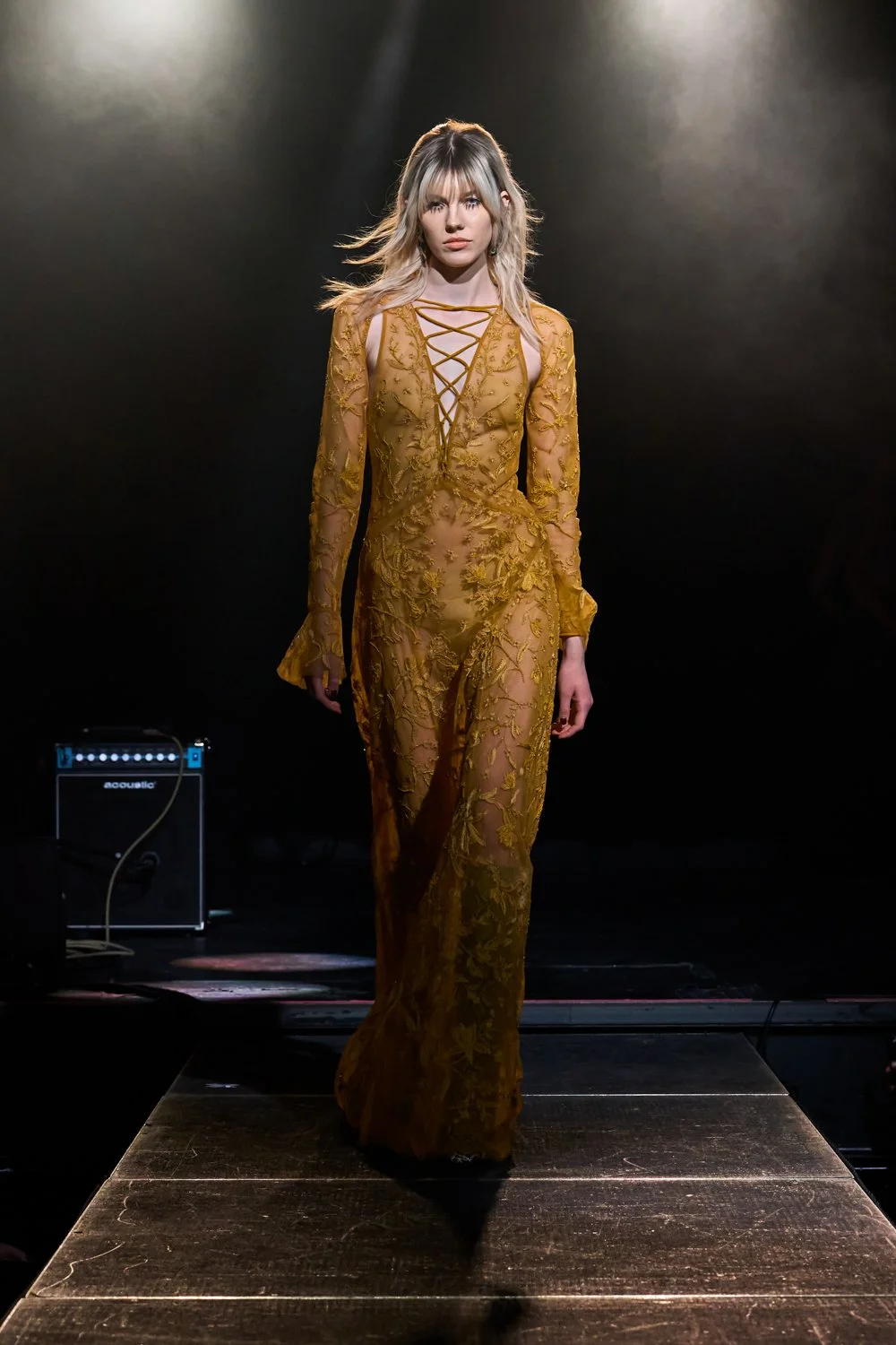 CHANTILLY LACE OCHRE SLEEVED DRESS