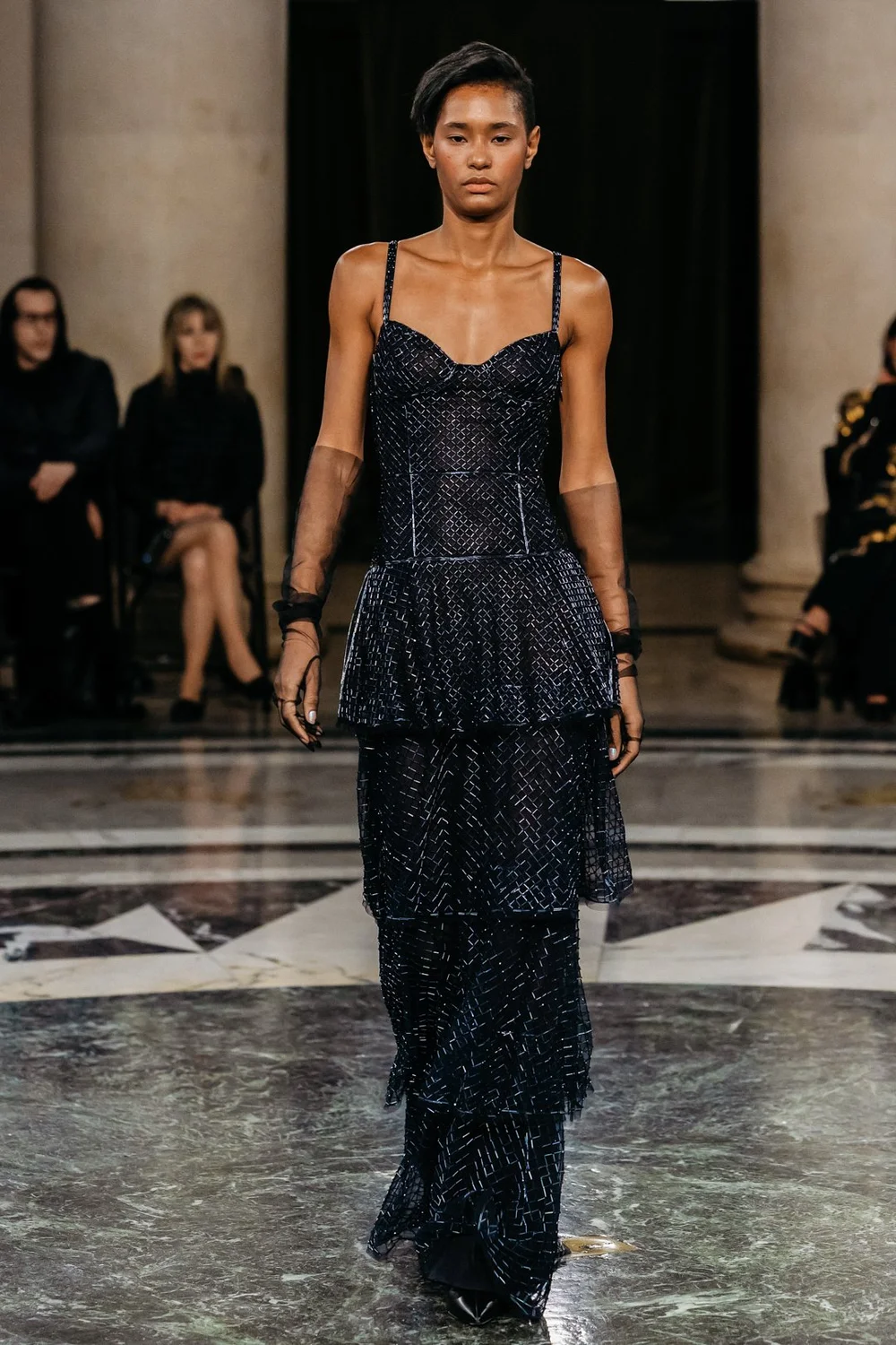 NAVY CRYSTAL GRID DRESS