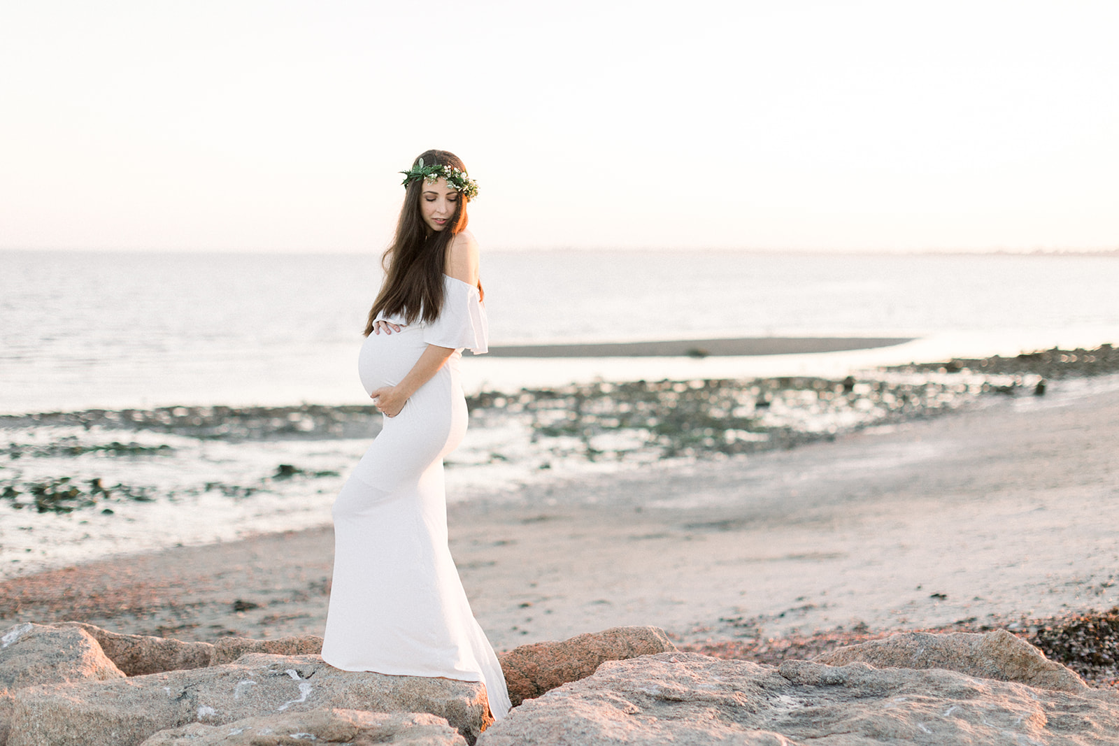 Pink Blush Ivory ruffle off shoulder maternity shoot gown