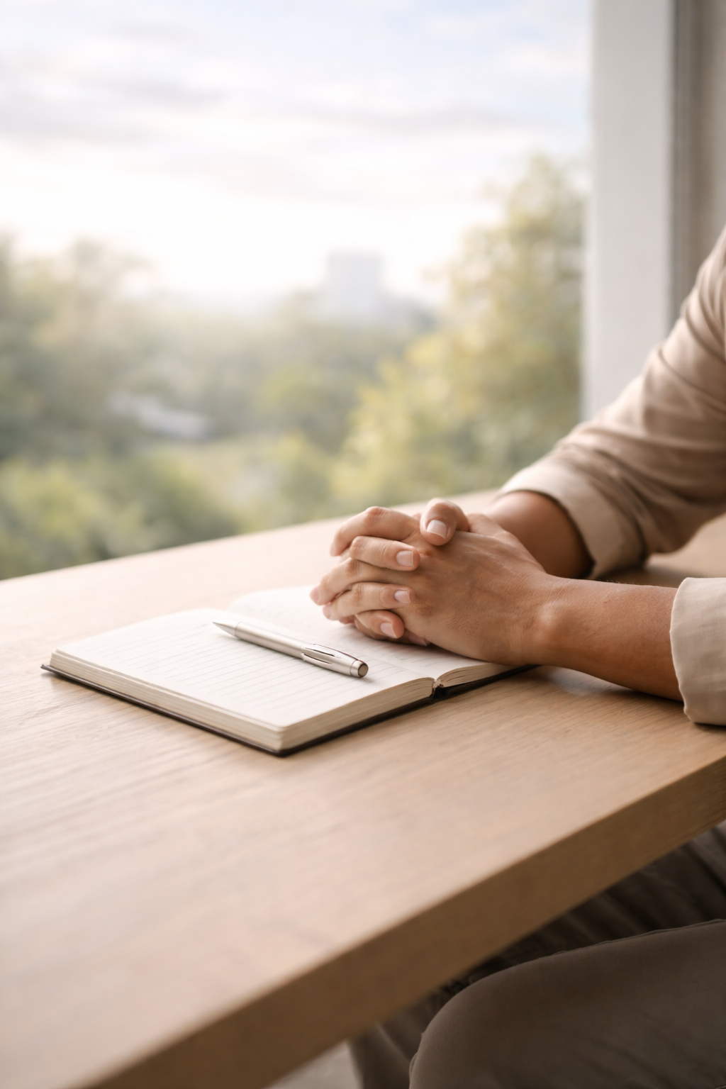 Person with hands clasped sitting at a desk with an open notebook and silver pen, in front of a large window showing a blurred outdoor scene.
