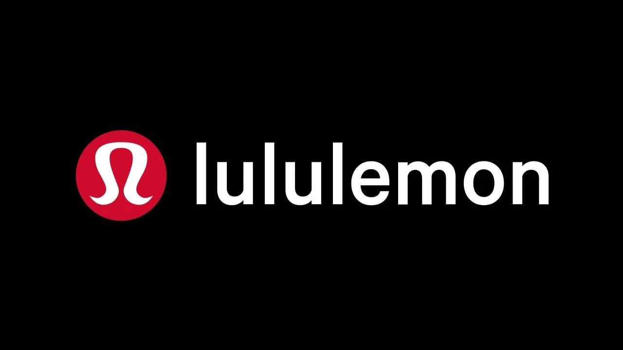 Lululemon logo with red circular emblem and white invisible lycra symbol, and white text on black background.