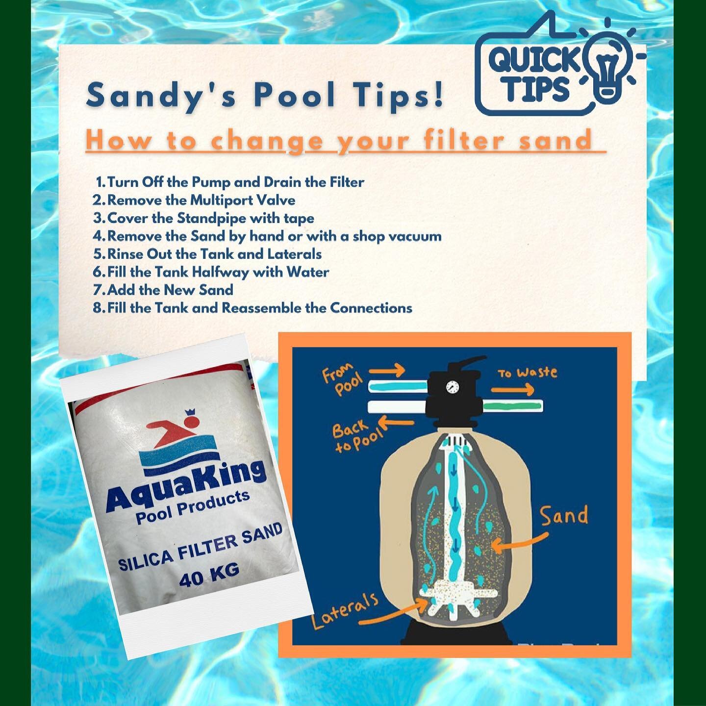 Sandy's Pool Tips! How to change your filter sand! To maintain a crystal clear pool its necessary to change your filter sand every so often. Heres some simple tips to help you get the job done! 🌊 Silica Filter Sand available at Sandy's NOW, Call/Wha