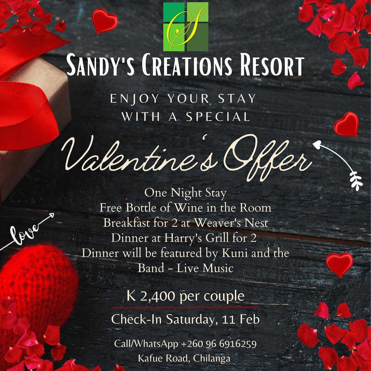 A Very Special Valentine @sandyscreationsresort !
Enjoy your Romantic Date at Sandy&rsquo;s Creations Resort with an Extraordinary Stay in the lodge with a dinner @harrysgrillscr !
The Dinner at Harry&rsquo;s Grill will be Featured by a Live Performa