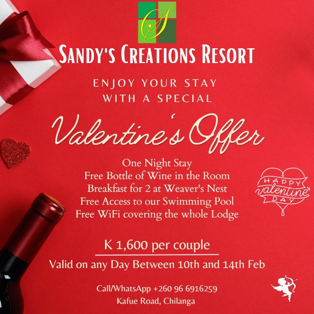 A Very Special Valentine Offer from @sandyscreationsresort!
Enjoy your Romantic Date at Sandy&rsquo;s Creations Resort for one night with a free bottle of wine in the room!
Offer valid any day between 10th and 14th February 
#sandyscreationsresort #v