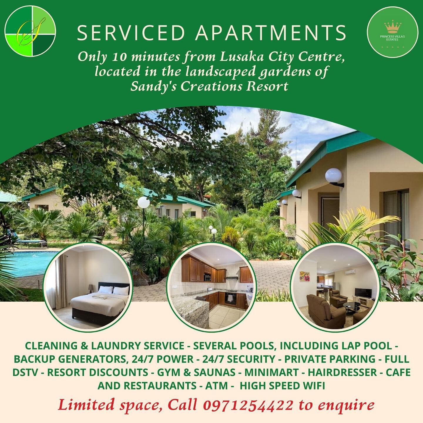 1 and 2 bedroom garden apartments situated in Sandy&rsquo;s Creations Resort&hellip; now available to rent. Hurry, only a few apartments available! 

Why choose us? We are fully serviced, daily cleaning and laundry service, 24/7 power, 24/7 security,