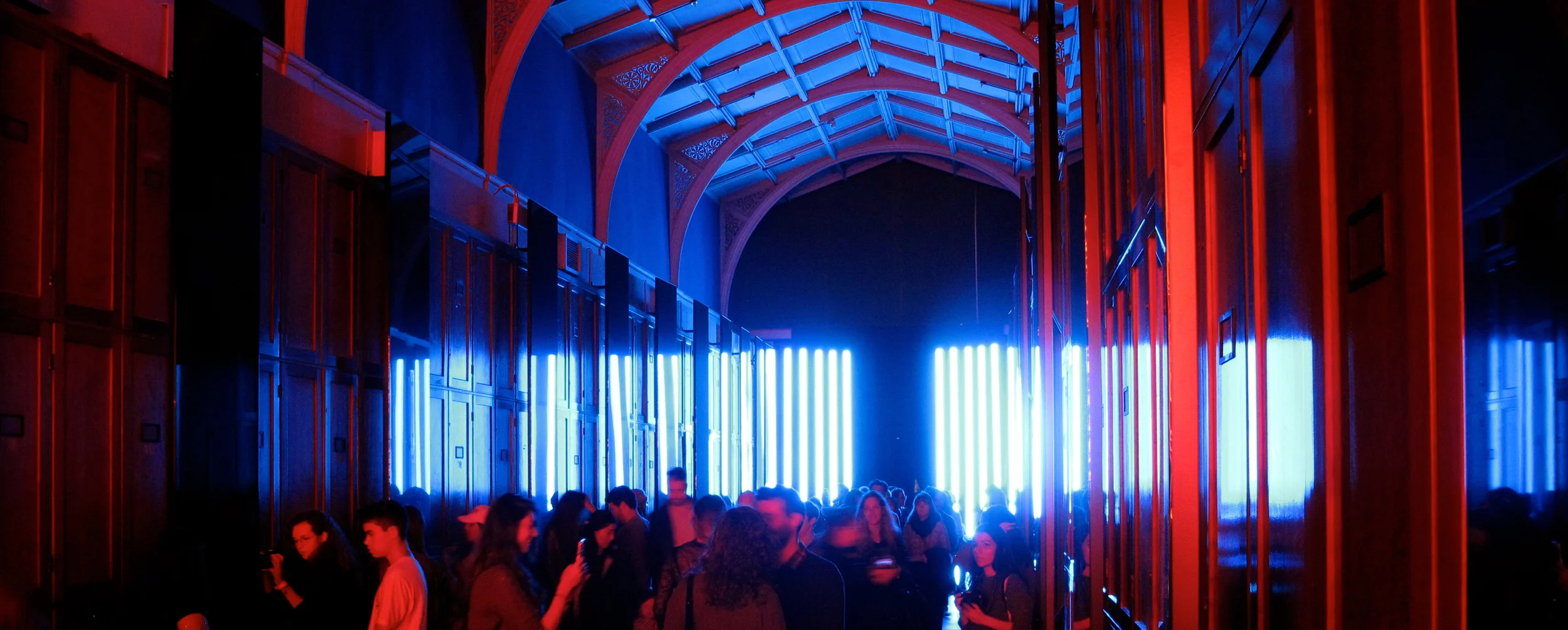 Blue lights located at the opposite end