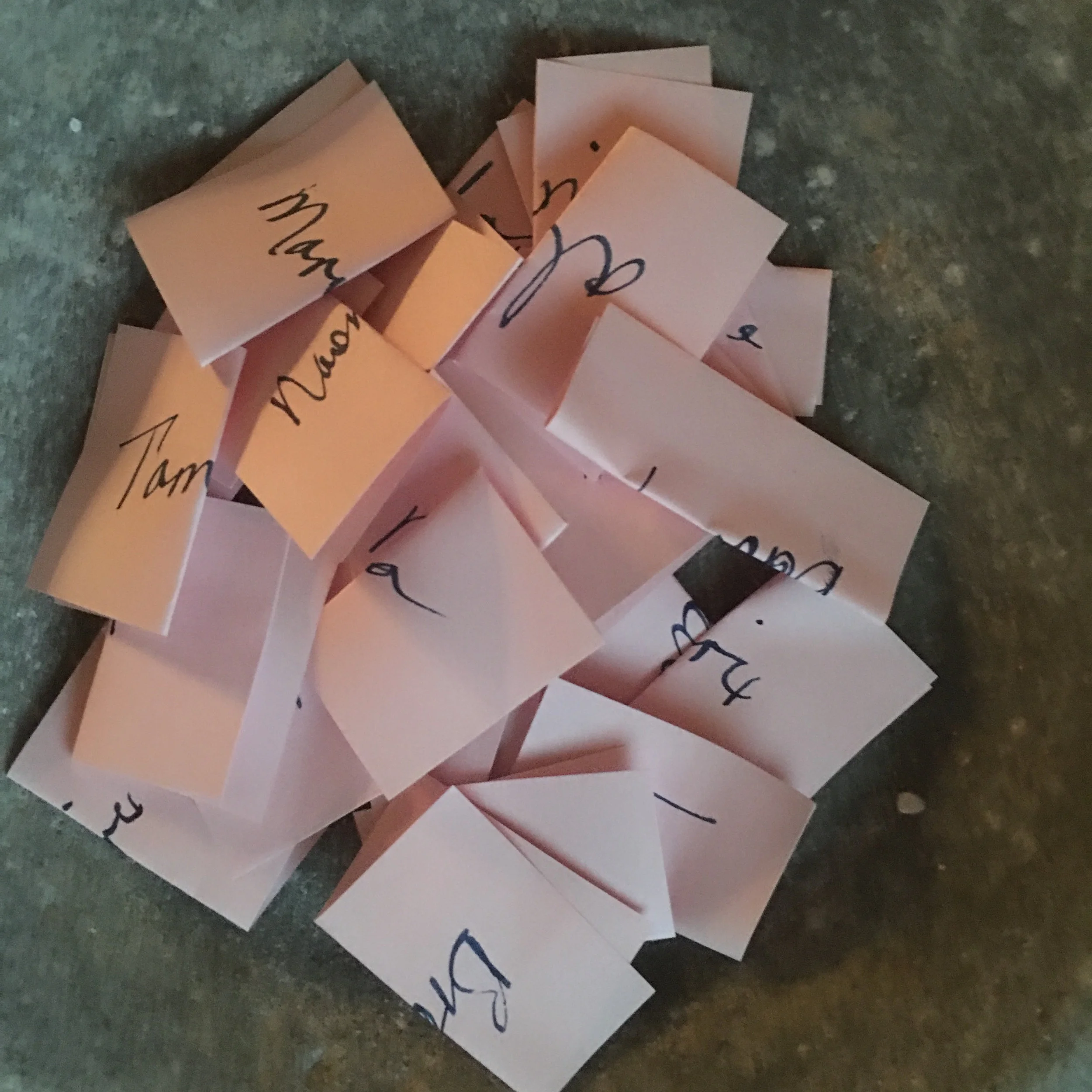 This morning while drinking that first cup of coffee I folded up everyone's name on a sticky note. 