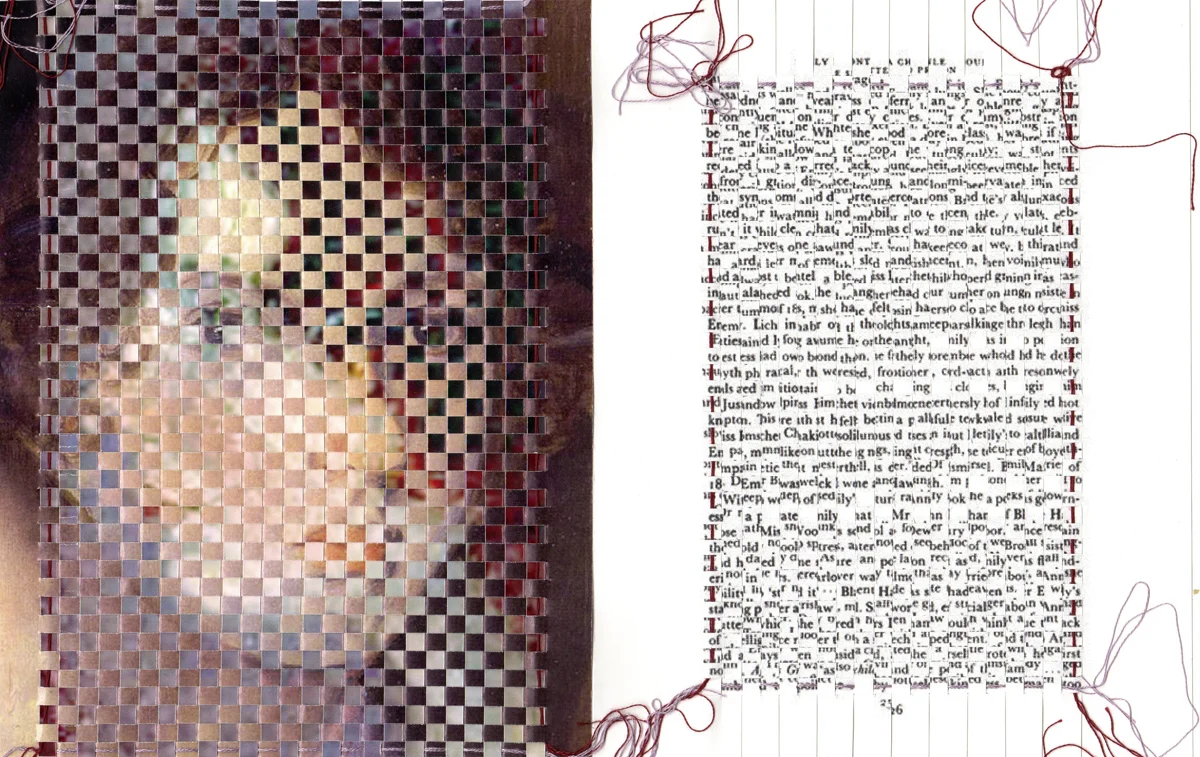 “Re|Visions #12” (13” x 9.25” diptych, hand-cut & woven paper, embroidery floss), Ingrid Ruthig