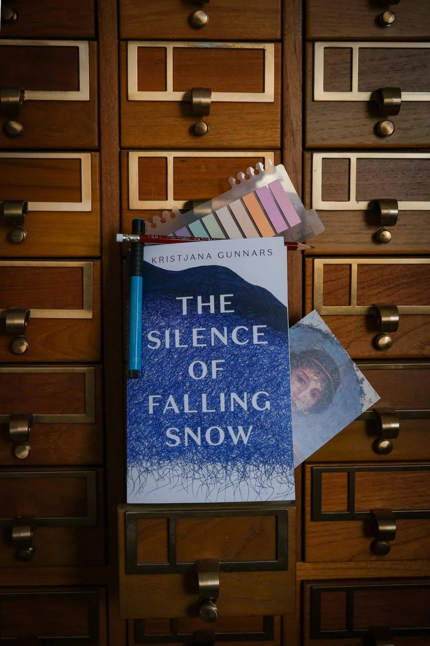 Kristjana Gunnar's book The Silence of Falling Snow resting on a card catalogue. Photo by Shawna Lemay
