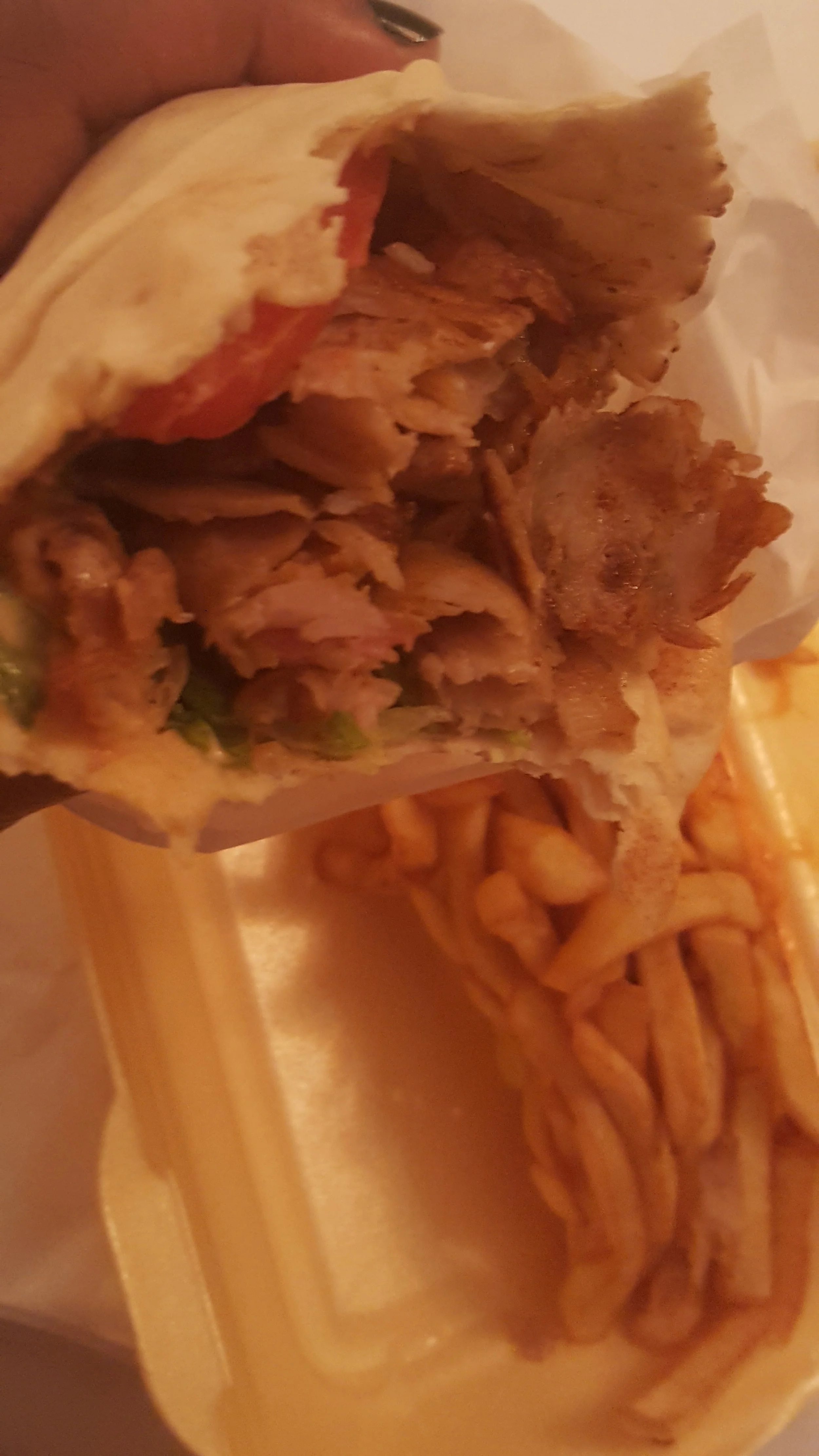 A "kabob" in Paris is a gyro to Americans. Its shaved chicken or lamb with lettuce, tomato, fries and a creamy sauce. 