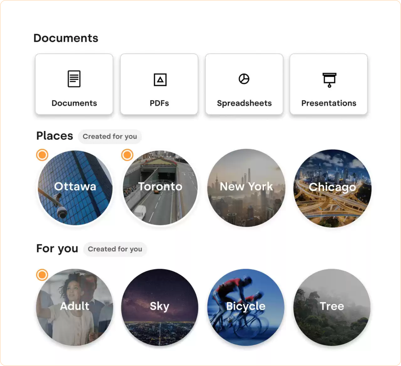 The user is presented with an automatically generated collection of photos. “Places” presents the user with groupings of photos based on location metadata, while “for You” shows you different groupings of similar objects.