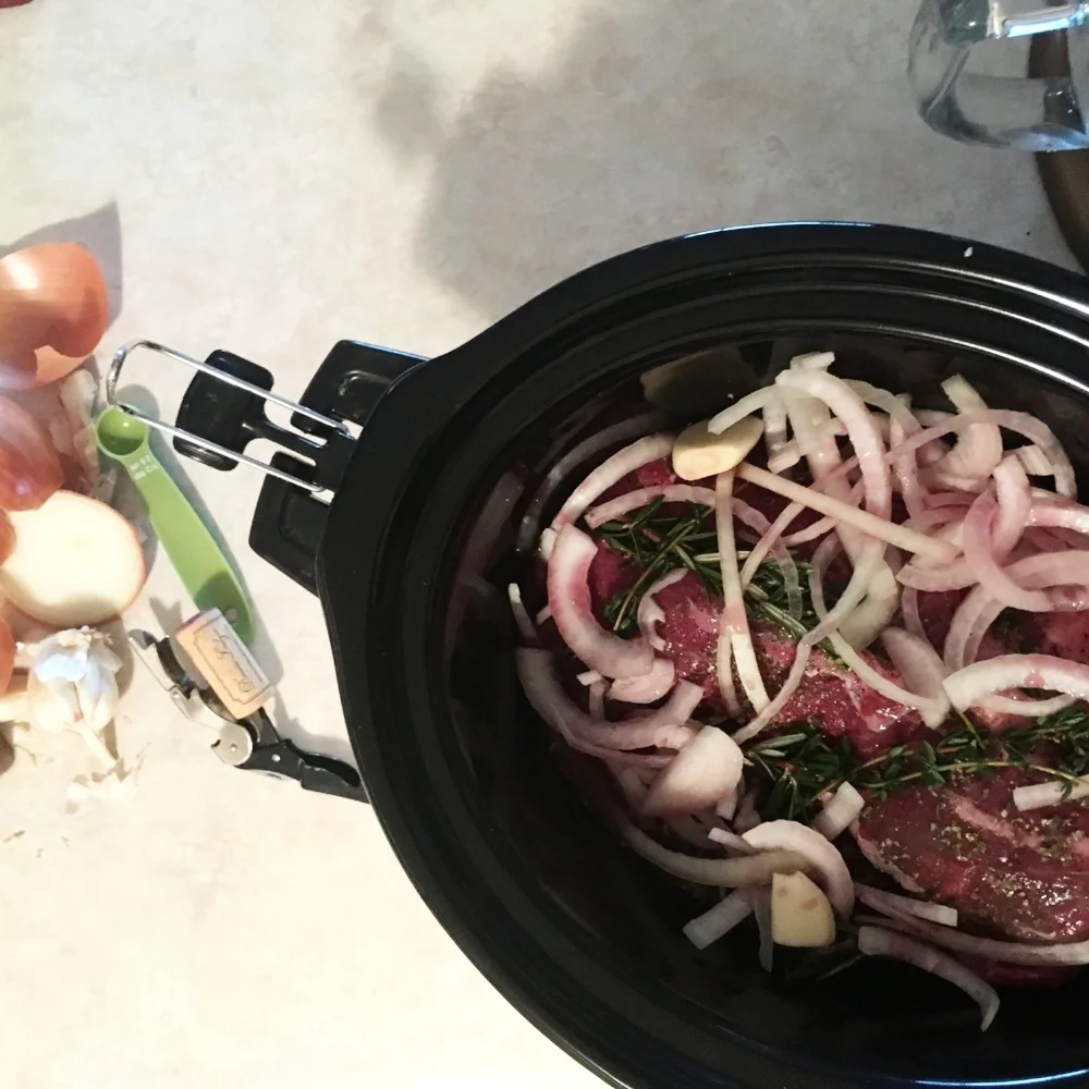 Red Wine Slow Cooker Pot Roast (with roasted veggies)