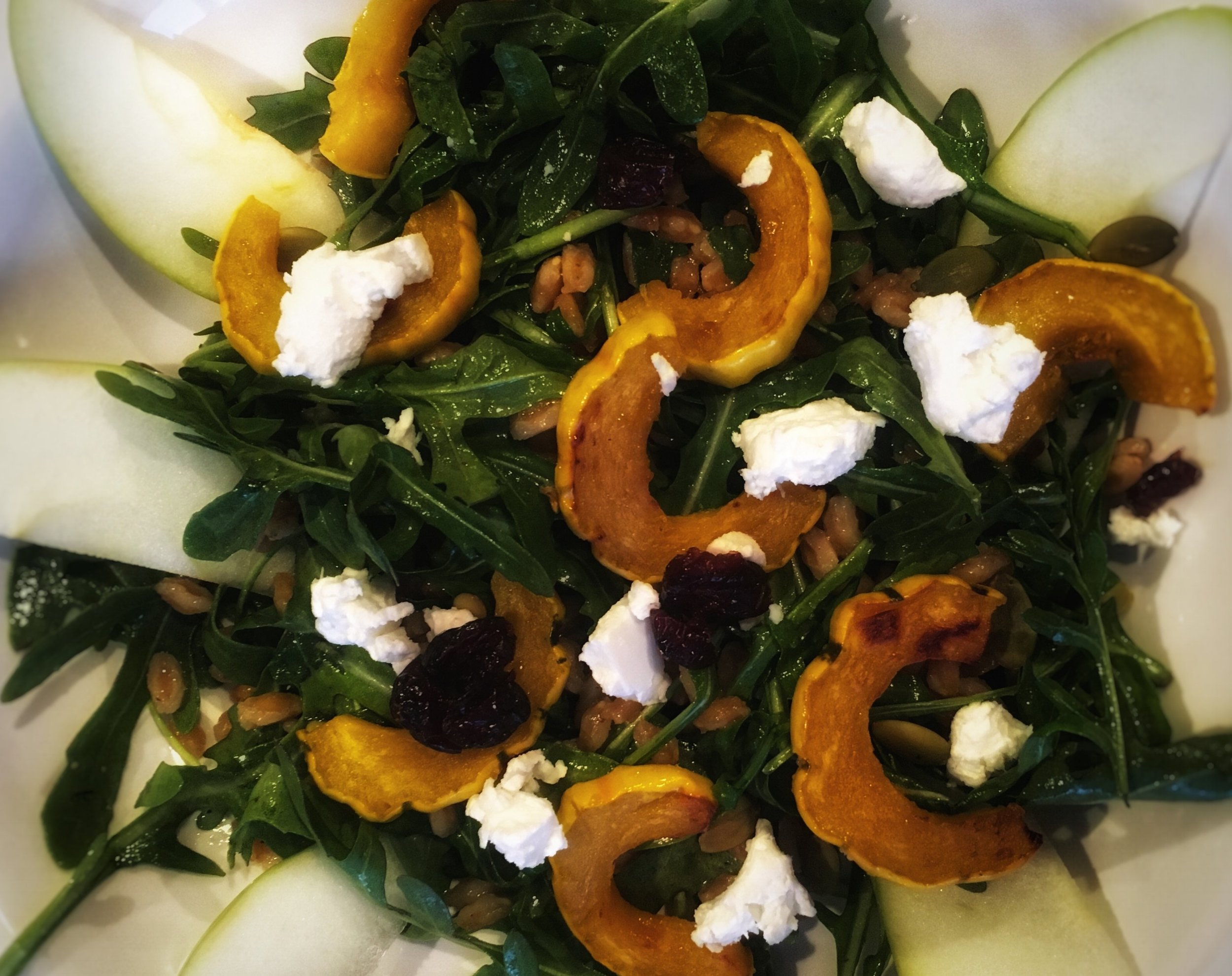 Roasted Delicata Squash with Arugula, Farro and Apples