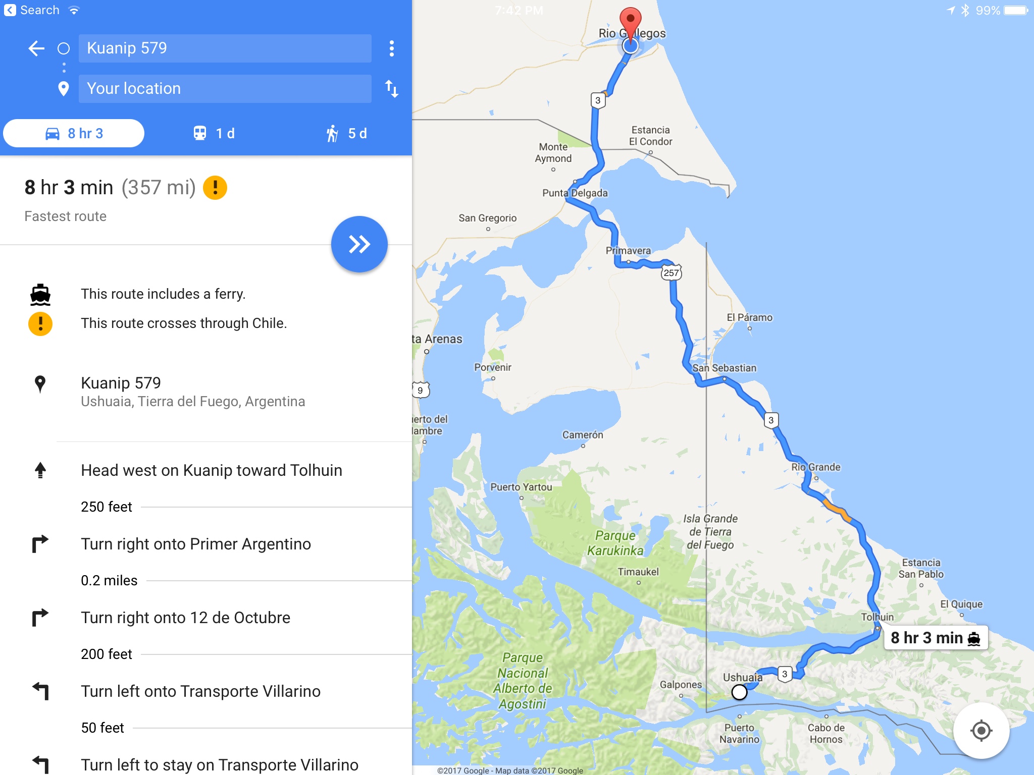 The route from Ushuaia to Rio Gallegos