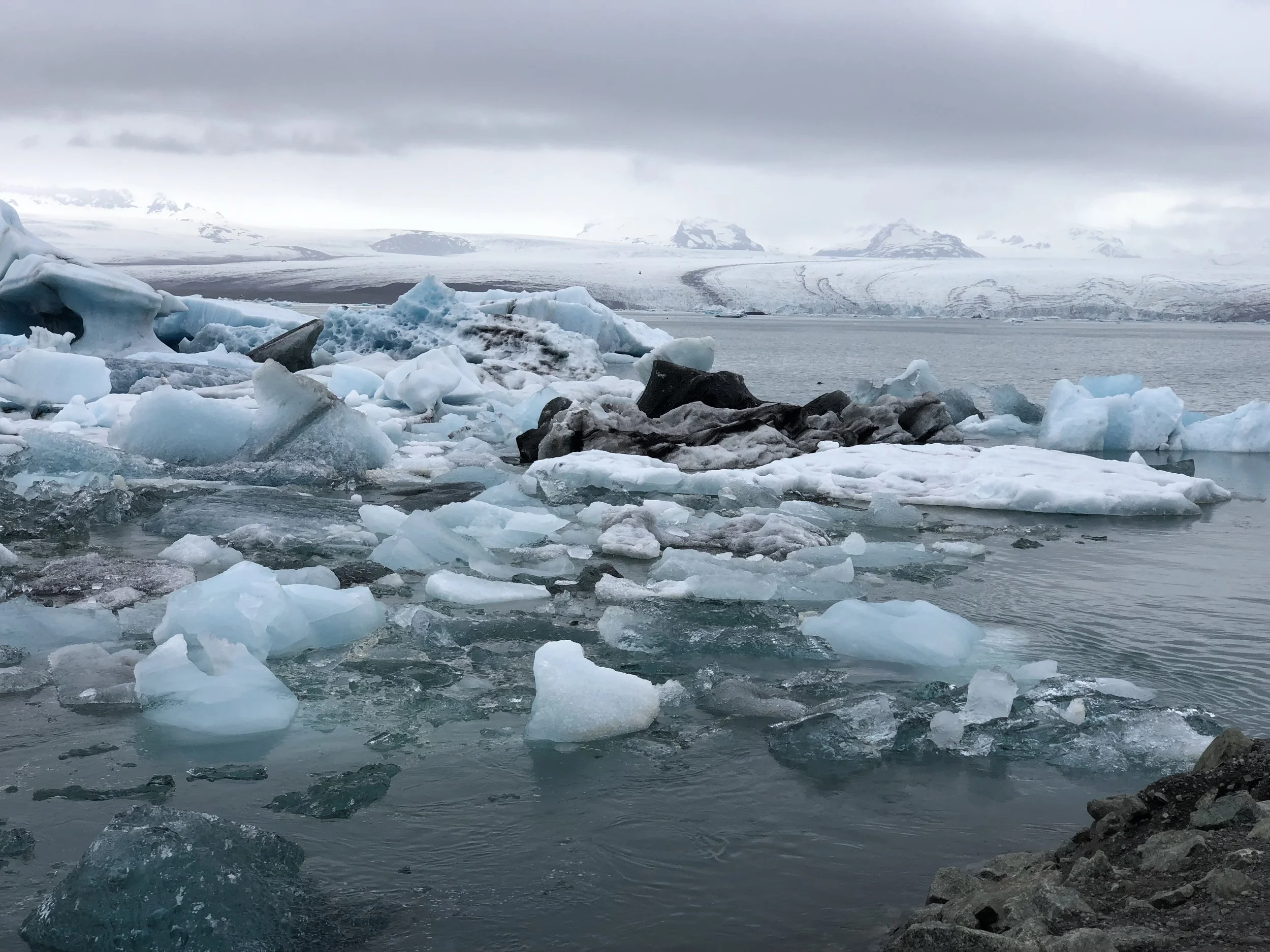 Icebergs floating in a glacial lake.