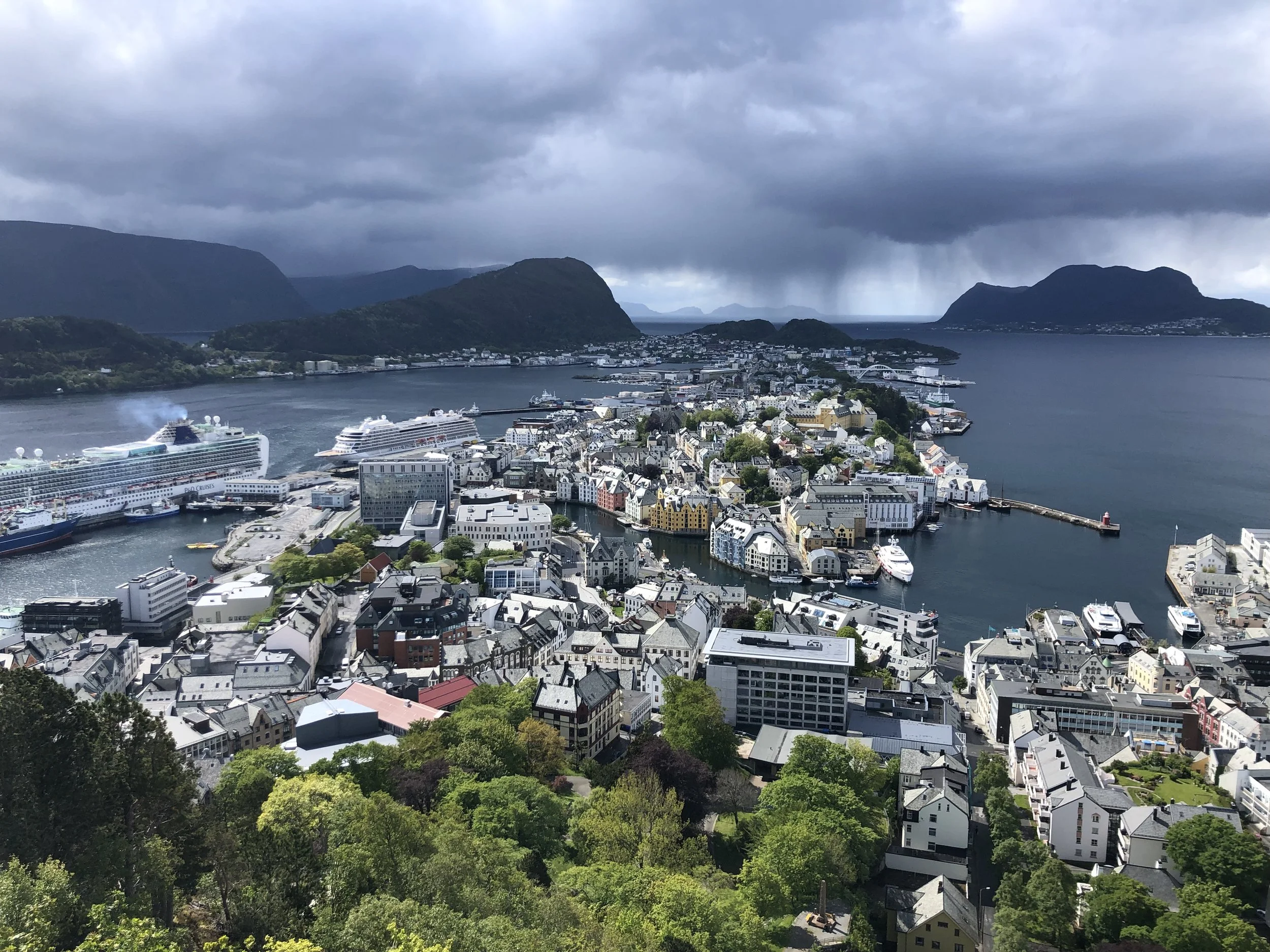 This photo was taken from the hill overlooking Alesund, where the ferry dropped us off.