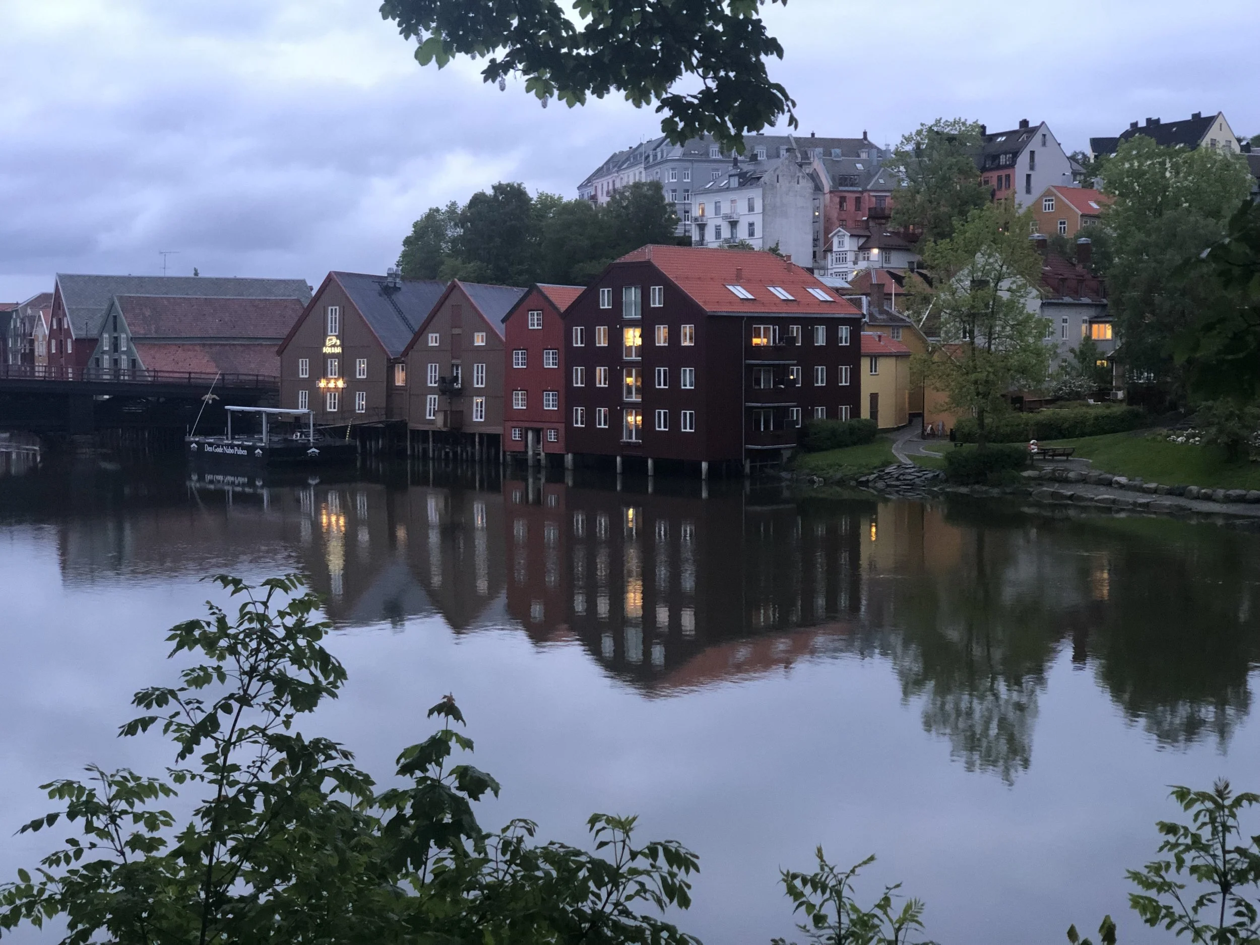 Trondheim is another city along the western coast of Norway at the end of a long fjord. In the photo is the building where we rented an AirBNB. It is the darker building across the river built on pilings.