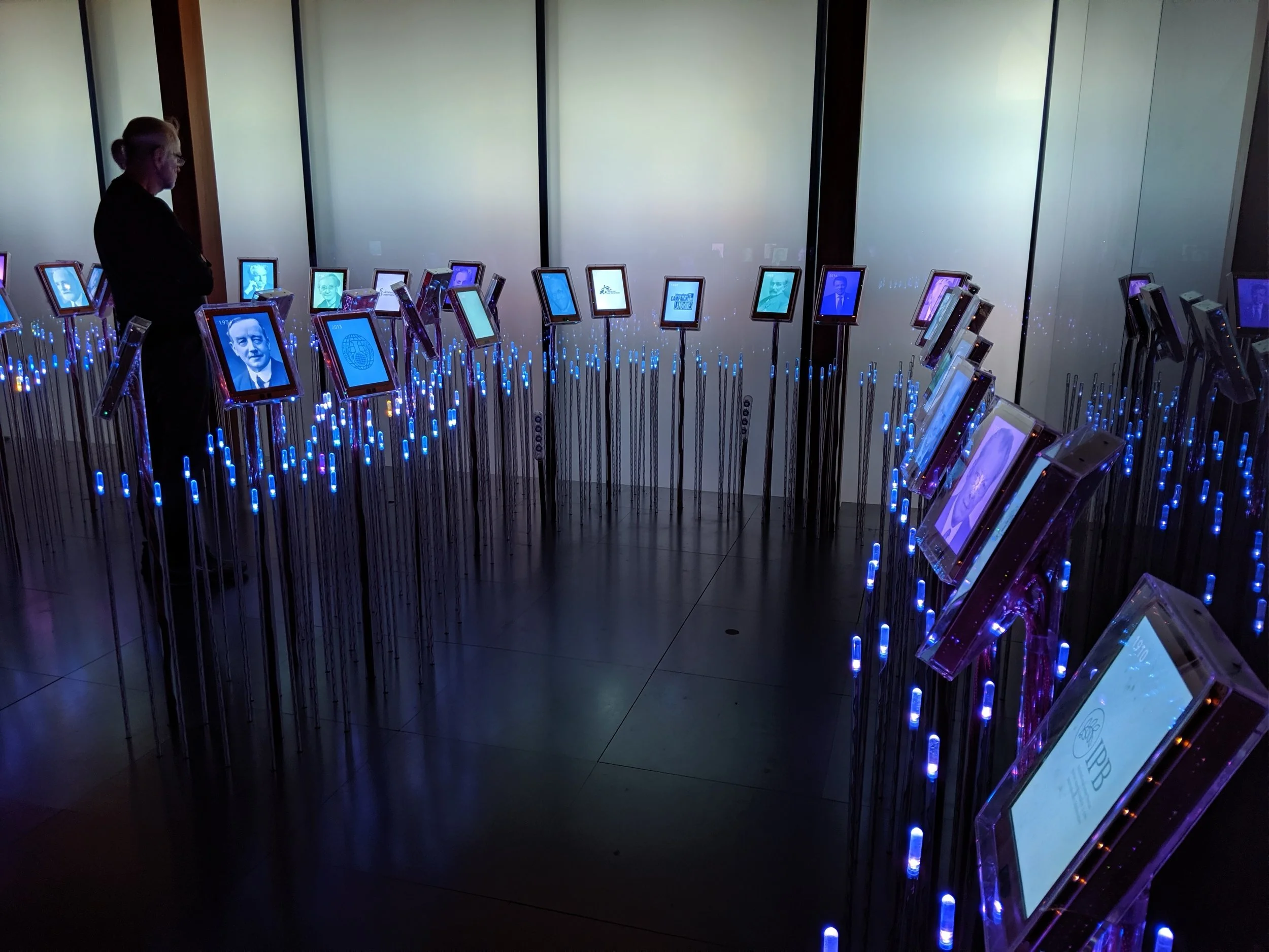 Each winner of the Nobel Peace Prize has an electronic display that describes the reasons why they were selected.