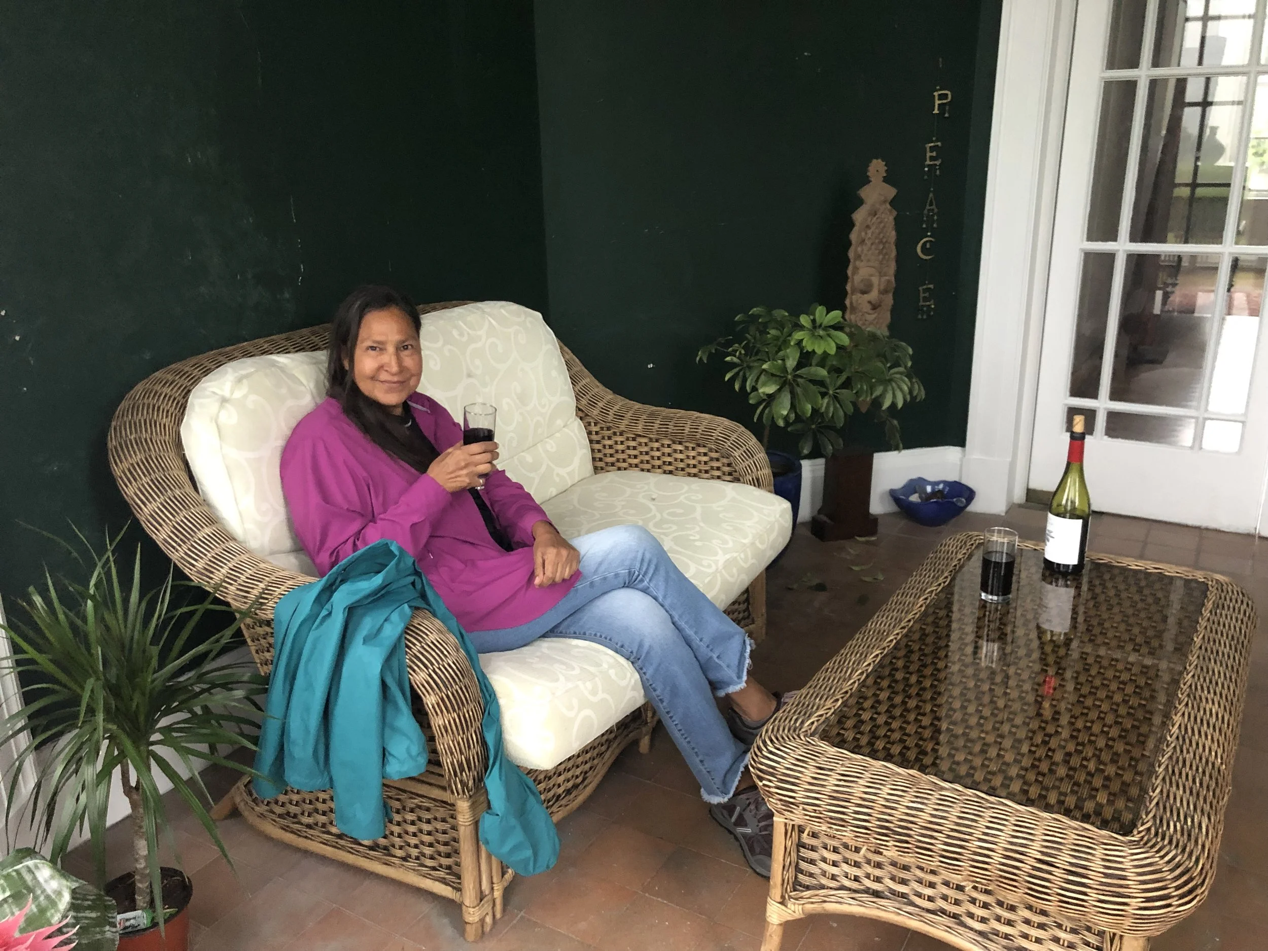 Alena enjoying a beverage at the castle.